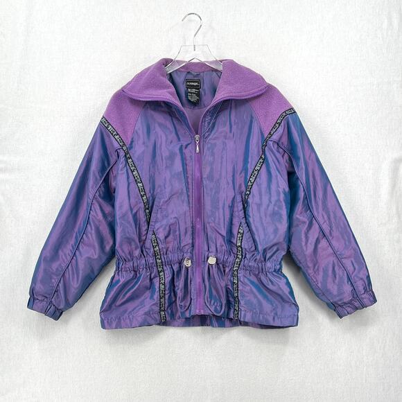 VINTAGE OUTBROOK 80s Windbreaker Jacket Women M Metallic Purple Blue Cinch Waist - Picture 2 of 16